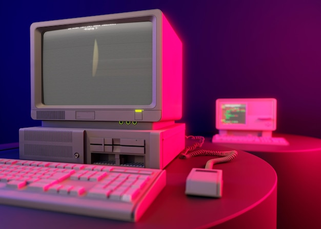 Foto gratuita computadora retro en el escritorio en el interior