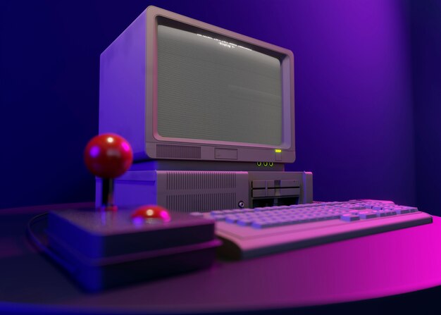 Computadora retro en el escritorio en el interior