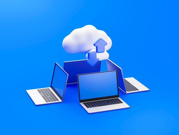 Las computadoras portátiles transfieren y descargan datos en el icono o símbolo del diagrama de datos de la infraestructura de la tecnología de red de computación en la nube Representación 3D