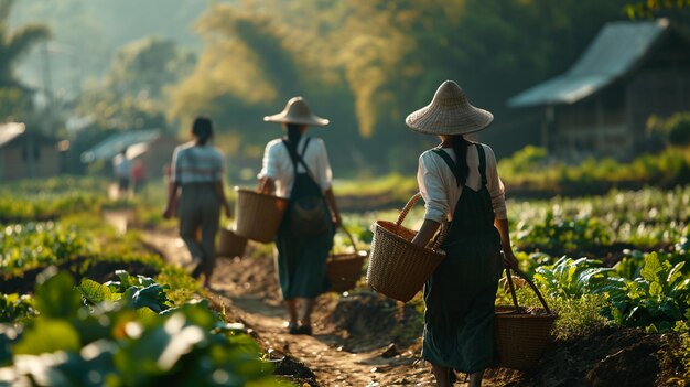 Comunidad de personas que trabajan juntas en la agricultura para cultivar alimentos