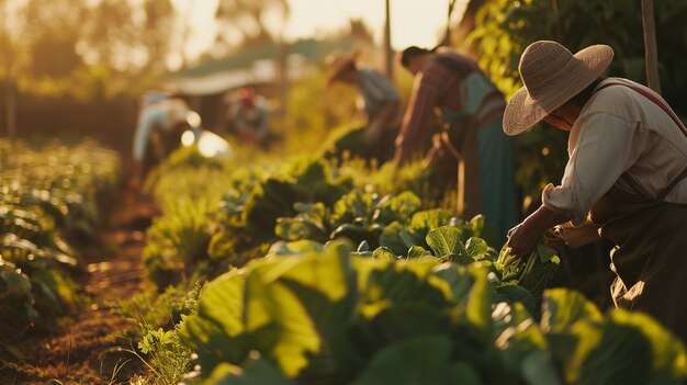 Comunidad de personas que trabajan juntas en la agricultura para cultivar alimentos