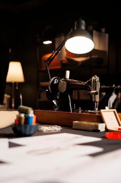 Foto gratuita concéntrate en la máquina de coser en el estudio