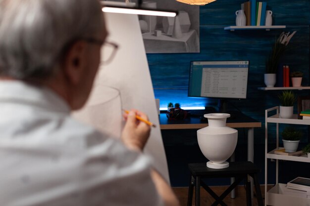 Foto gratuita concéntrese en el modelo de jarrón blanco de yeso utilizado para el estudio de la luz dibujado por un anciano en el estudio de arte. detalle de un objeto fijo y un artista jubilado dibujando bocetos en papel usando lápiz en un taller creativo.