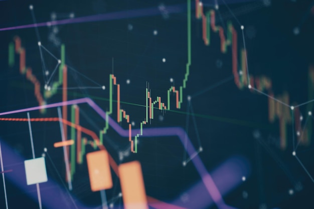 Concepto de análisis fundamental y técnico. gráficos comerciales financieros abstractos en el monitor. fondo con velas y barras de moneda