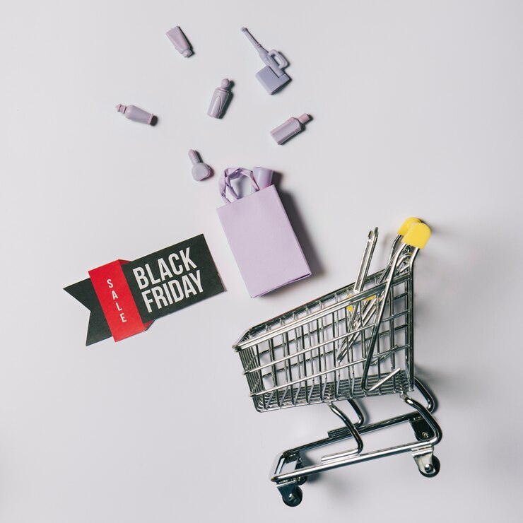 Foto gratuito concepto de black friday con bolsa, etiqueta y carro