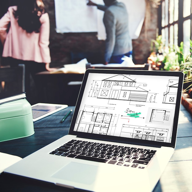 Concepto de boceto de proyecto de construcción de arquitecto de planos