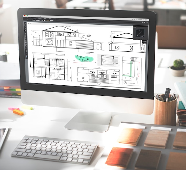 Concepto de boceto de proyecto de construcción de arquitecto de planos