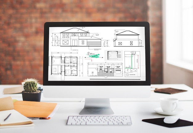 Concepto de boceto de proyecto de construcción de arquitecto de planos