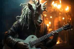 Foto gratuita el concepto cinematográfico del guitarrista de cabeza de cabra