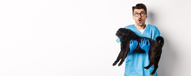 Foto gratuita concepto de clínica veterinaria asombrado médico veterinario sosteniendo lindo perro pug negro sonriendo y mirando hacia arriba