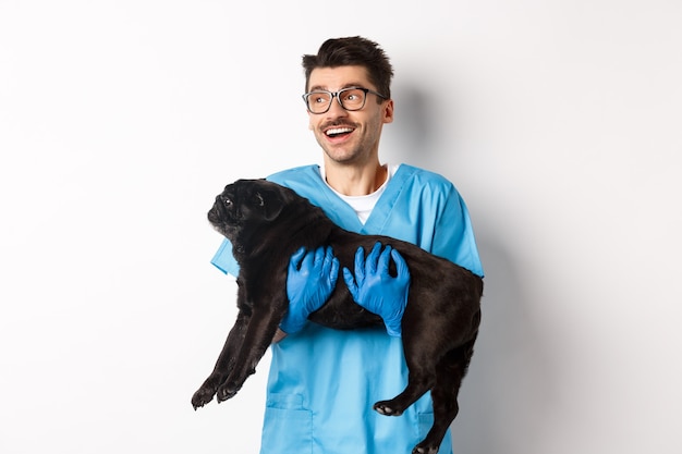 Concepto de clínica veterinaria. Feliz médico veterinario sosteniendo lindo perro pug negro, sonriendo y mirando a la izquierda, de pie sobre fondo blanco.