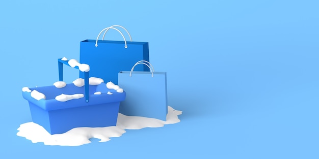 Concepto de compras de invierno con cesta y bolsas de compras. ilustración 3d. copie el espacio.