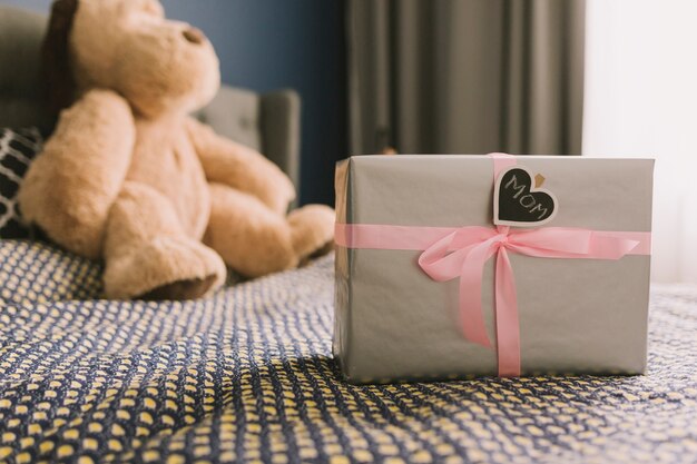 Concepto para el día de la madre con caja de regalo y peluche