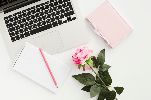 Concepto de escritorio de vista superior con una rosa