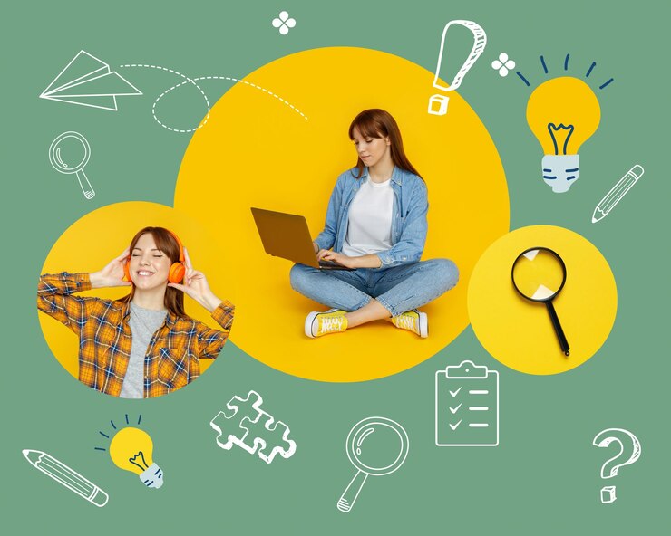 Foto gratuito concepto de estudio señorita con laptop y auriculares