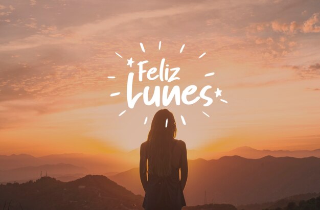 Concepto de feliz lunes con mujer al atardecer