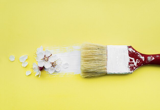 Concepto de flor de primavera. Pincel con flor de flor de albaricoque sobre fondo amarillo.