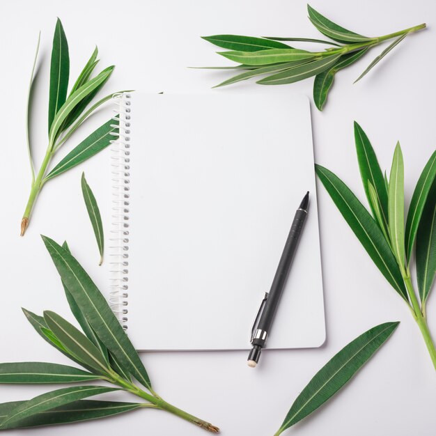 Concepto de flores con hojas y libreta