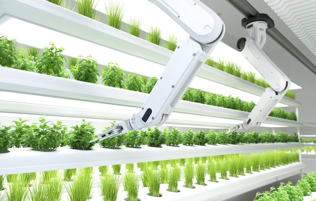 Concepto de granjeros robóticos inteligentes granjeros robot Tecnología agrícola Automatización agrícola