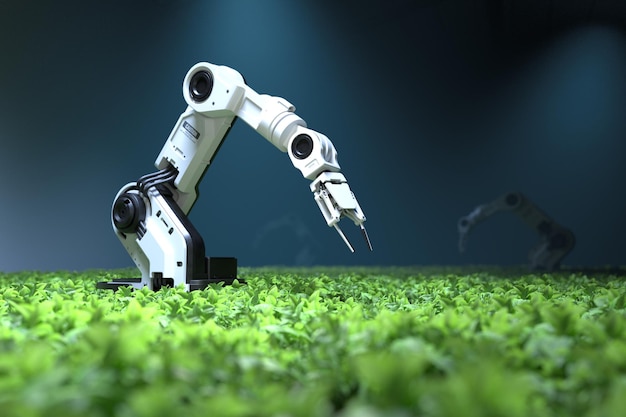 Concepto de granjeros robóticos inteligentes Granjeros de robots Tecnología agrícola Automatización agrícola