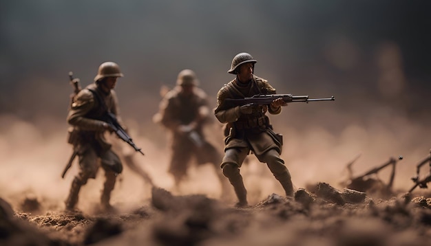 Foto gratuita concepto de guerra siluetas militares escena de combate en el fondo del cielo de niebla de guerra soldados de la guerra mundial siluetas debajo del horizonte nublado por la noche escena de ataque vehículos blindados tanques de batalla decoración