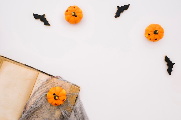 Foto gratuita concepto de halloween con calabazas y libro