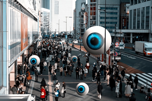 Concepto de hermano mayor con grandes ojos en la ciudad