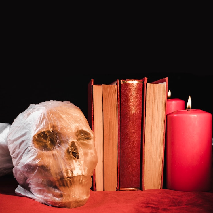 Foto gratuito concepto de horror con calavera y tomos