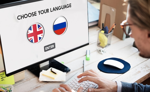 Concepto de idioma de comunicación inglés ruso