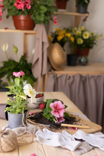 Concepto de jardinería con flores en la mesa