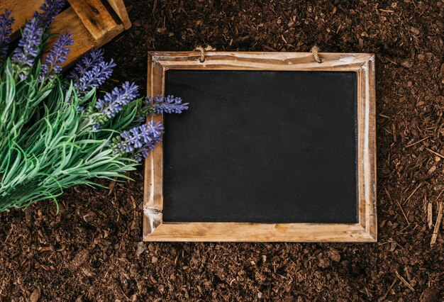 Concepto de jardinería con pizarra en tierra