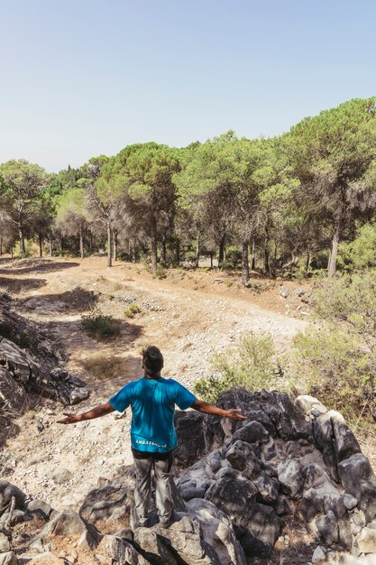 Concepto de libertad con mochilero en bosque