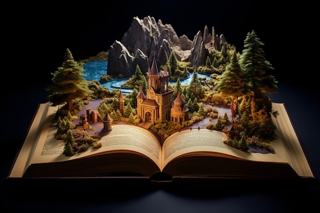 Concepto de libro abierto para la narración de historias de ficción y cuentos de hadas