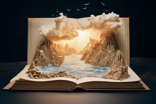 Concepto de libro abierto para la narración de historias de ficción