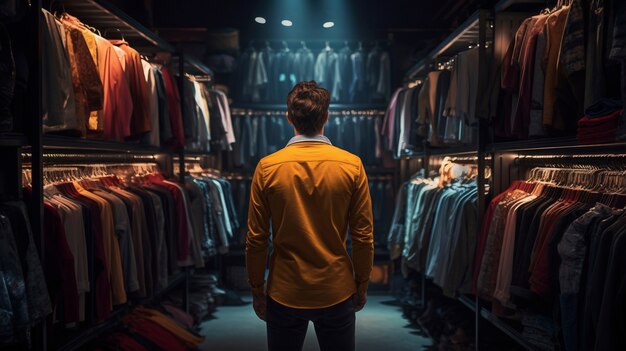 Concepto de moda rápida con hombre en tienda de ropa