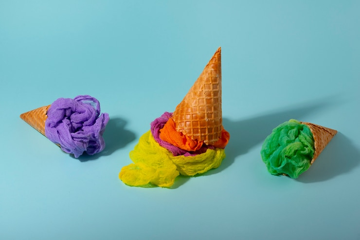 Foto gratuito concepto de moda rápida con materiales y textiles disfrazados de helado.