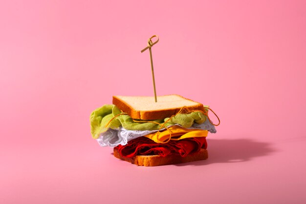 Concepto de moda rápida con materiales y textiles disfrazados de sándwich.
