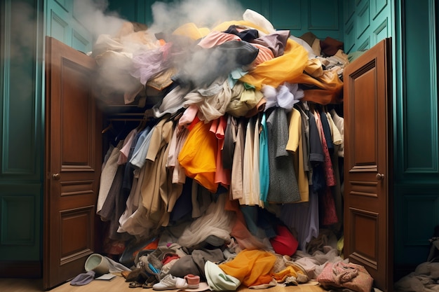Concepto de moda rápida con montones de ropa.