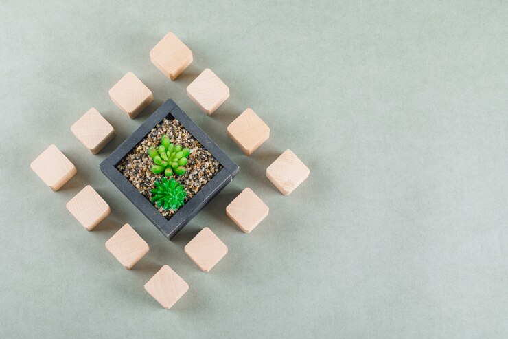 Foto gratuito concepto de negocio con bloques de madera, planta verde.