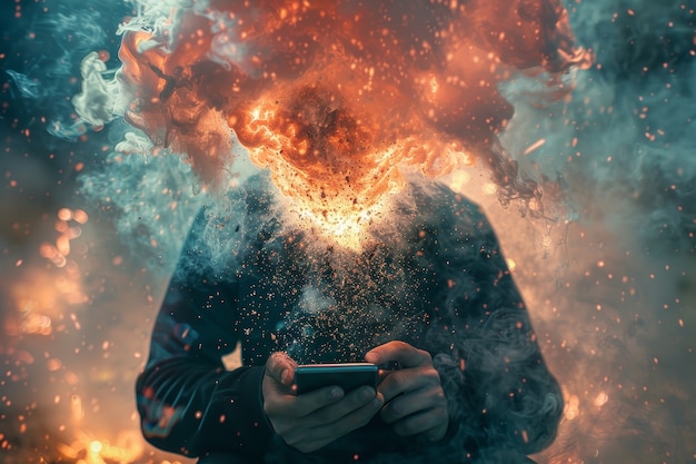Concepto de persona que sufre de ciberenfermedad y adicción a la tecnología
