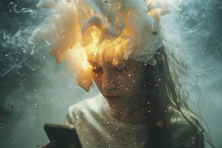 Foto gratuito concepto de persona que sufre de ciberenfermedad y adicción a la tecnología