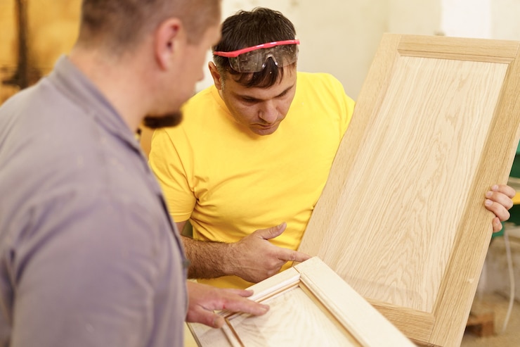 Foto gratuito concepto de profesión, carpintería, carpintería y personas - dos carpintería con madera para muebles en el taller.