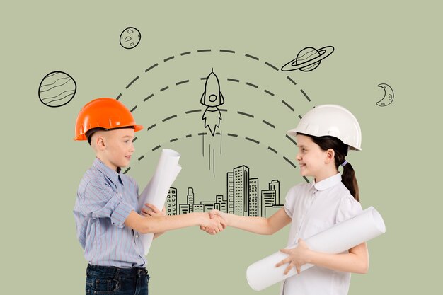 Concepto de resolución de problemas con niños que usan cascos