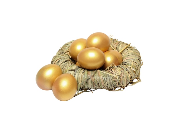Concepto de riqueza y jubilación huevos de oro aislado sobre fondo blanco.