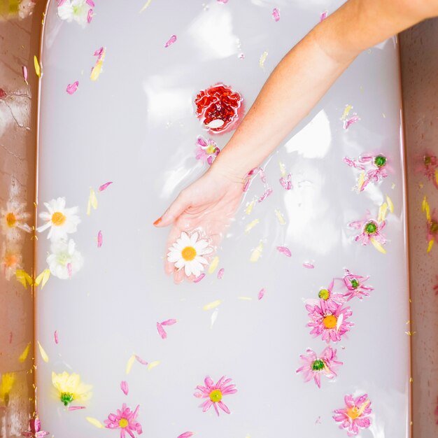 Concepto de spa con flores  en bañera