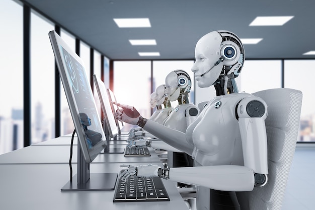 Concepto de trabajador de automatización con grupo de representación 3d de cyborgs femeninos o robots que trabajan en una computadora de escritorio