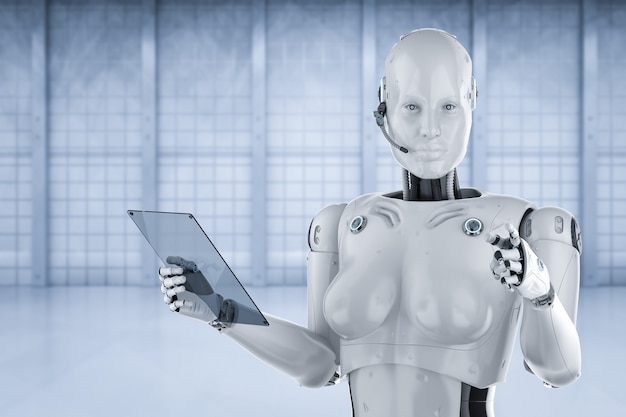 Concepto de trabajador de automatización con renderizado 3d cyborg femenino o robot con tableta de vidrio