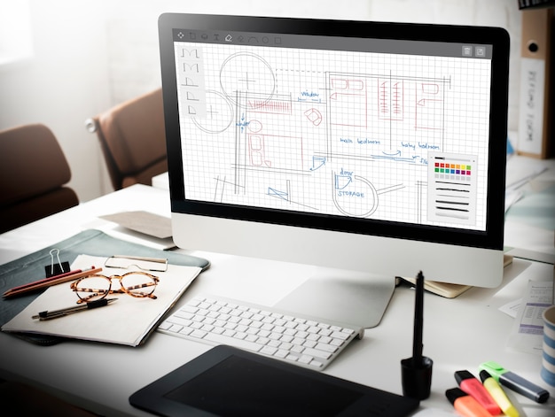 Foto gratuita concepto de trabajo de diseño de planos de arquitectura