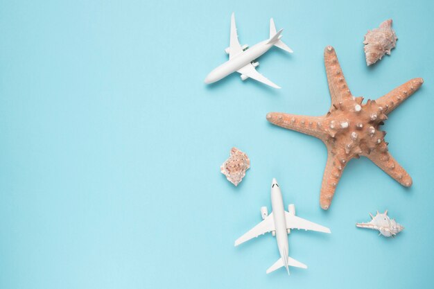 Concepto de vacaciones con aviones y estrellas de mar.