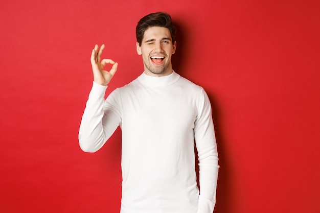 Concepto de vacaciones de invierno, navidad y estilo de vida. Hombre guapo con suéter blanco guiñando un ojo, mostrando un signo bien y sonriendo, garantía de calidad, recomendando algo